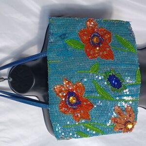 Vintage sequin floral silk handbag by Christina 13.5" x 19" including strap